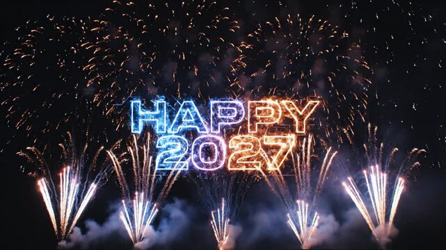 Happy 2027 text in glowing fireworks at night sky