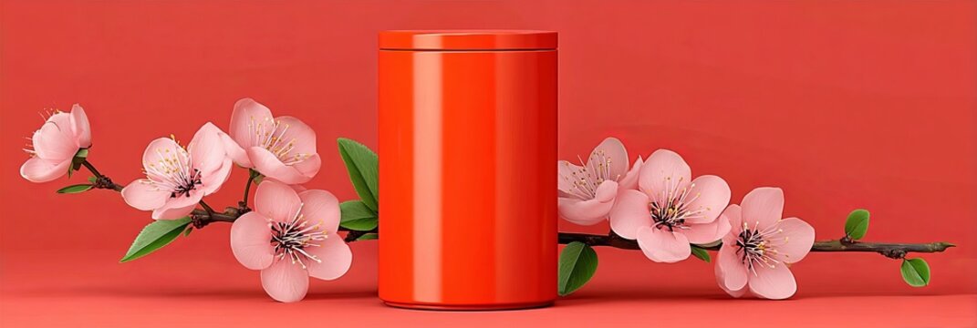 Minimal orange packaging cylinder on a warm red background with blooming cherry blossom, 3d shot