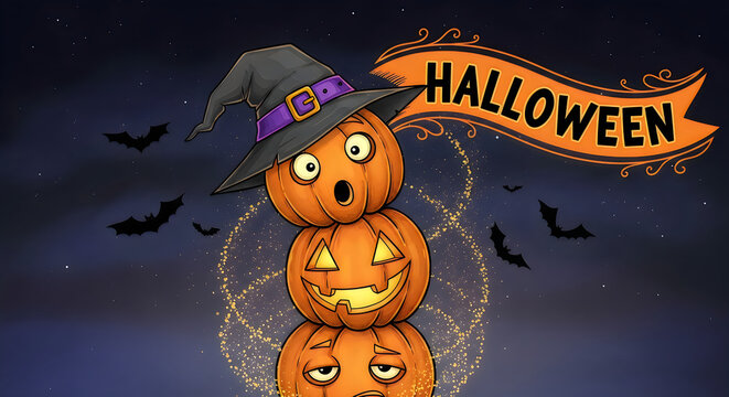 A delightful halloween scene featuring a stack of jack o' lanterns and spooky decorations