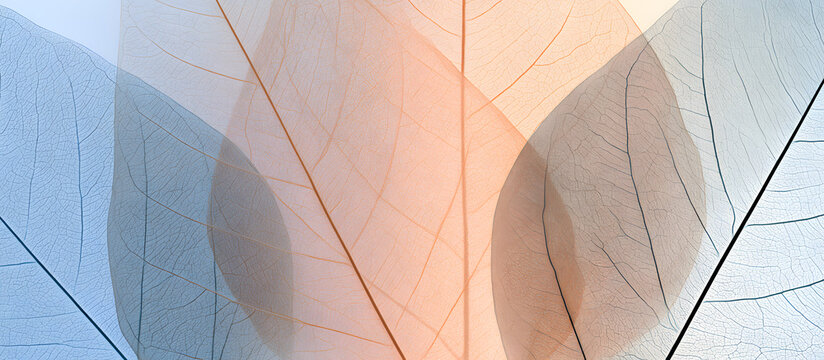 A soothing abstract scene, adorned with delicate, translucent skeleton leaves in soft blue and warm peach hues, serves as a serene backdrop for artistic compositions.