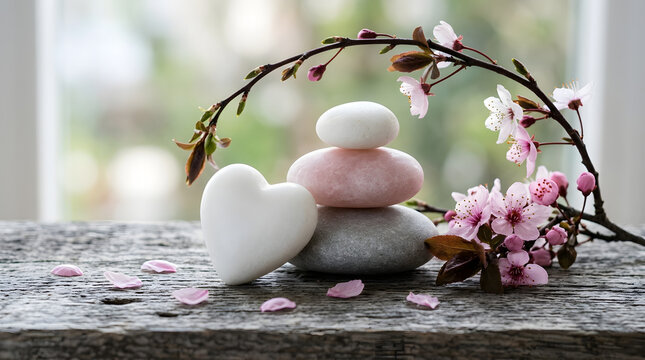 A serene spa composition featuring a white heart shaped stone stacked pebbles and delicate pink cherry blossom flowers on a rustic wooden table surface