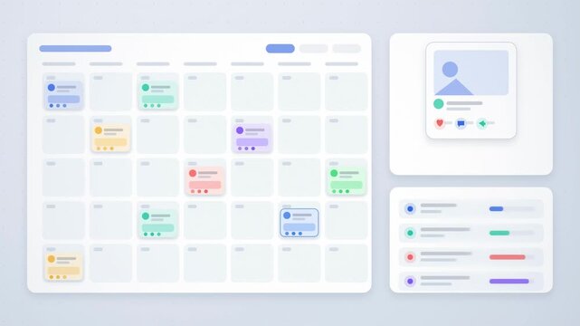 Abstract animated social posts scheduled across a calendar drawn as blue and cyan lines and dots on a bright, clean light background. Seamless looping 4K motion graphics video with free space for text
