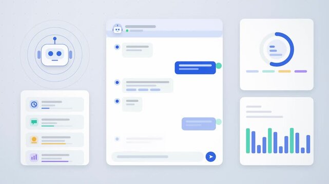 Abstract animated support chatbot answering customer questions drawn as blue and cyan lines and dots on a bright, clean light background. Seamless looping 4K motion graphics video with free space for 