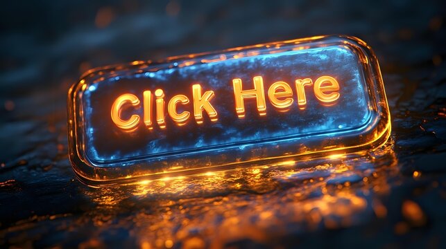 Glowing neon call-to-action button with click here text in gold