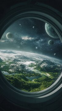 Round window view of a green planet landscape with moons and stars in the sky, sci fi space travel, exploration and discovery concept.