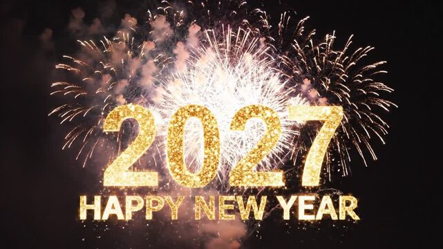 Happy New Year 2027 golden text with fireworks night sky