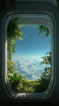 View through a spaceship style window with green plants and a distant landscape, sci fi habitat interior, nature escape, wellness concept.