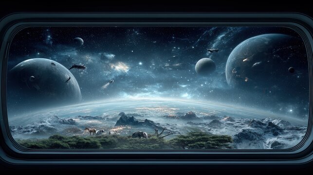 Panoramic window view of a planet horizon with stars and multiple planets above a green landscape, sci fi space travel, exploration concept.