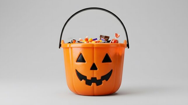 A vibrant orange halloween pumpkin bucket overflows with colorful candies ready for trick or treating fun