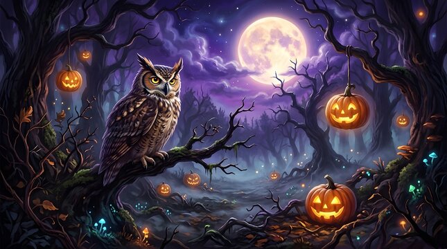A spooky halloween night scene featuring an owl perched amongst jack o' lanterns and a full moon