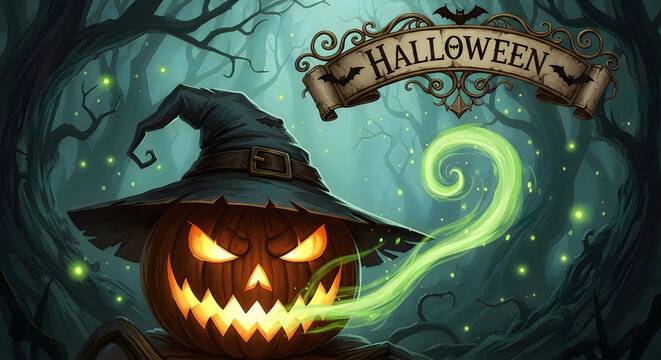 A spooky and magical halloween night with a wicked witch and glowing jack o'