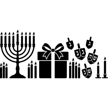 Hanukkah holiday silhouette icons, Jewish menorah and dreidel vector set, festive gift box and candle graphics for Chanukah