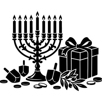 Hanukkah menorah with lit candles and gift box. Jewish holiday chanukiah with dreidels and gelt coins. Black and white festive vector illustration.