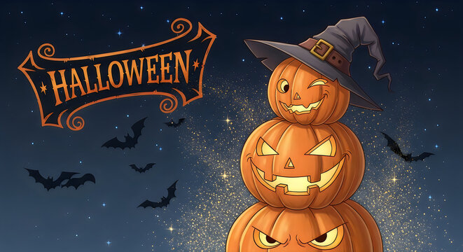 A spooky and delightful halloween scene featuring jack o' lanterns bats and a witch's