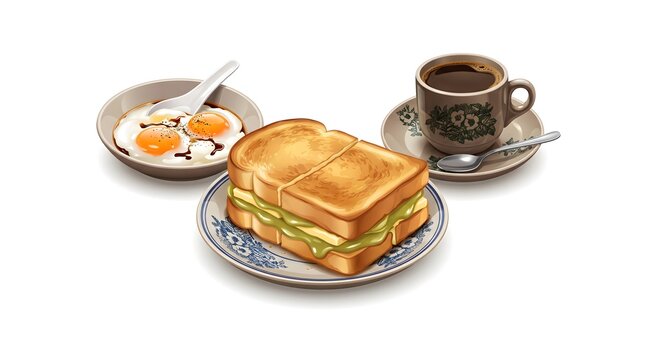 Traditional Nanyang style kaya toast served with soft boiled eggs and hot coffee set