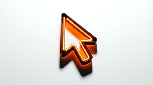 Neon glowing arrow cursor pointer icon with orange and yellow light