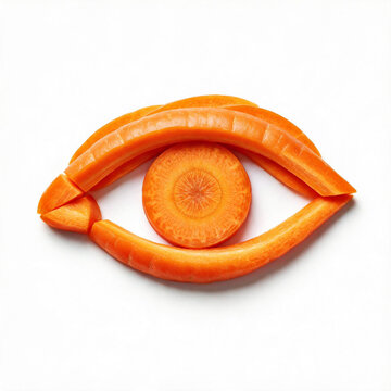 Carrot Slices Arranged as a Human Eye on White Background, Creative Healthy Food Art Representing Vision, Eye Health, Nutrition, Vitamin A and Natural Wellness Concept