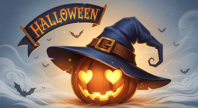 A spooky and delightful halloween scene featuring a jack o' lantern and witch's hat