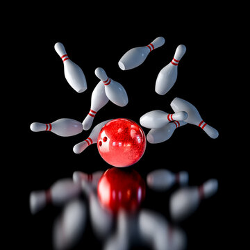 Red bowling ball striking pins 3d