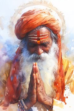 Man monk in orange turban praying. Sadhu with white beard showing namaste gesture for greeting. Watercolor illustration of Indian ascetic for Guru Purnima meditation concept.