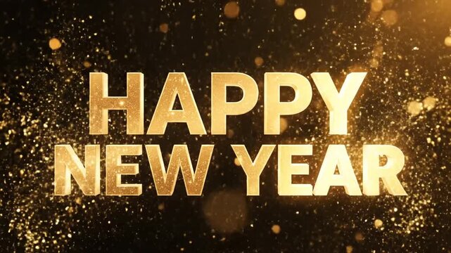 Happy New Year golden text with sparkling glitter and bokeh