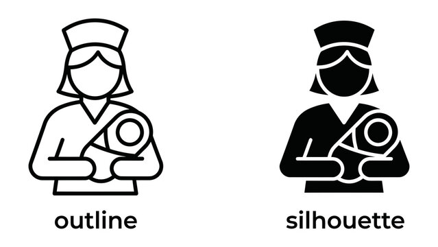 Nurse holding baby icons, outline and silhouette, graphic representation of care and medical service