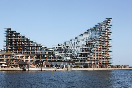 Aarhus, Denmark - August 13, 2025: Aarhus island with seaside residences and the new children theater, Denmark