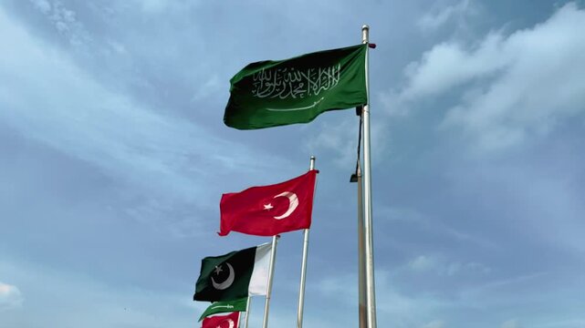 Saudi Arabia Turkey Pakistan Flags Waving on Flagpoles, International Relations, Economic Cooperation and Trade Partnership
