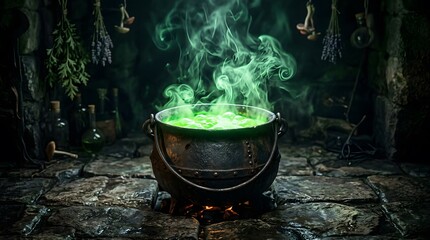 Fototapeta premium A bubbling cauldron in a dark forest creates a spooky and mysterious halloween atmosphere perfect for magic