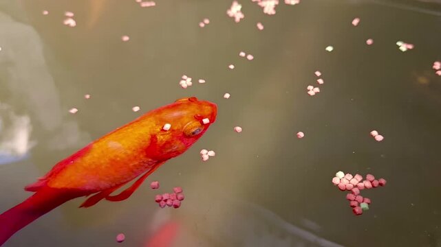 Vibrant Red Koi Fish Eating Pink Pellets on Water Surface Close Up
