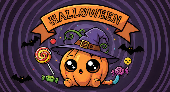 A delightful halloween scene featuring a cute pumpkin character wearing a witch's hat and