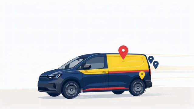 Fast delivery service concept van moving rapidly with navigation map location pin icons illustration with quickly colorful location stylized blue delivery