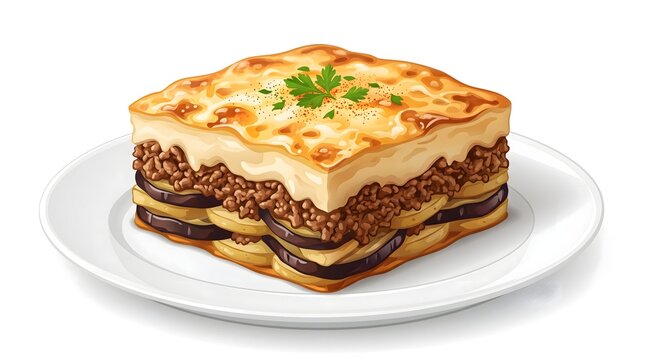 Traditional Greek moussaka layered dish with eggplant, minced meat, potatoes, and b&eacute;chamel sauce