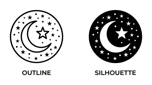 Moon and Stars Icon Comparison: A graphic icon set features a crescent moon and stars in both outline and silhouette styles, representing celestial elements.