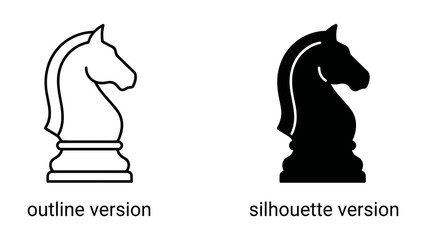 Chess Knight Icon: A classic chess piece, the knight, is presented in both an outline and a silhouette version, showcasing its iconic form for strategic gaming and symbolic representation. © Abdul