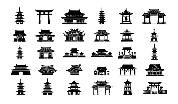Pagoda Temple Shrine Landmark Black Silhouette Vector Icon Collection