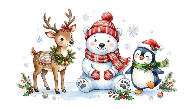 Cute christmas animals reindeer polar bear and penguin isolated on white background