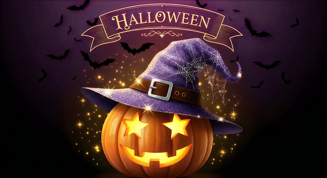 A spooky and magical halloween night with a jack o' lantern and a witch's