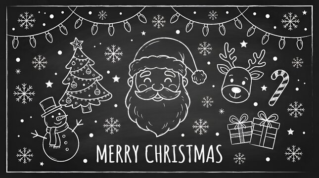 Hand drawn chalk on a black board featuring santa claus face, christmas tree, snowman, reindeer, gifts and festive string lights