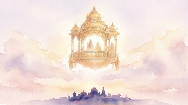 Pushpaka Vimana Descending Over Ayodhya &mdash; Ramayana Celestial Chariot Returning Rama from Lanka, Mythological Sky and Divine Homecoming