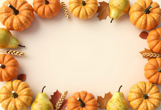Autumn harvest border with pumpkins, pears, wheat and copy space
