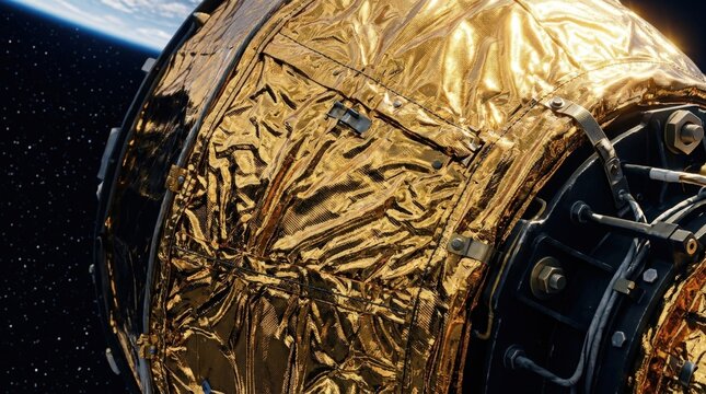 Space probe covered in golden thermal blanket orbiting Earth in outer space exploration mission