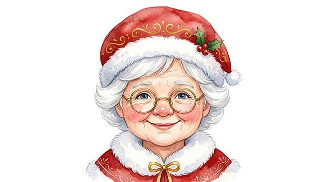 Watercolor illustration of mrs claus portrait with glasses and festive hat isolated on white background