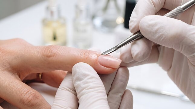 Professional manicurist doing cuticle care on female nails using a metal cuticle pusher in a salon