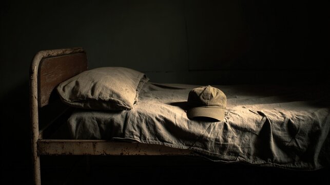 barracks. An abandoned military bunk bed with a single cap on the pillow. event key visuals, club posters, designed for sports event promotions and stadium branding, used by event planners.