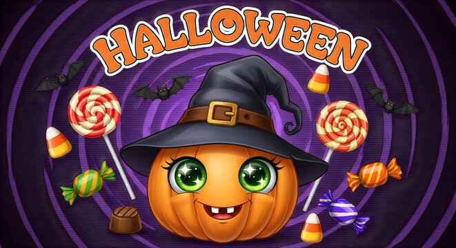 A delightful halloween scene featuring a cute pumpkin character with a witch's hat and