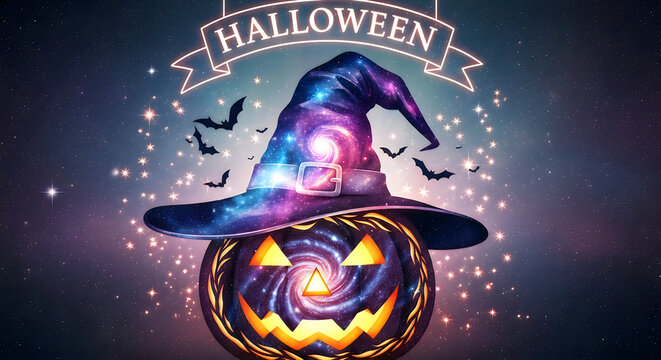 A vibrant and magical halloween night scene with a witch's hat and glowing jack