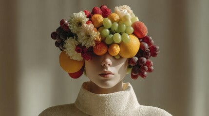 Naklejka premium Woman with a bunch of fruit on her head creative portrait