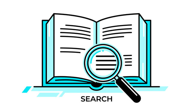 Information Search Concept: Open Book and Magnifying Glass Illustration for Research, Education, Learning, and Discovery