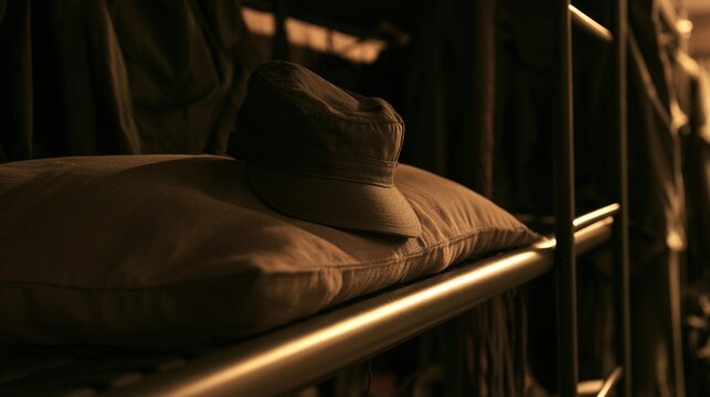 barracks. An abandoned military bunk bed with a single cap on the pillow. event key visuals, club posters, designed for sports event promotions and stadium branding, used by event planners.